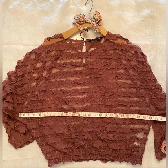 Zara ruffled sheer, pink/mauve long sleeve blouse boho-size L, NWT Easter color - Picture 5 of 10